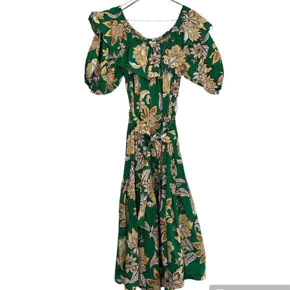 Gibson Latimer Dress Green Floral Belt Tie Bow Elastic Short Sleeves Size L - Picture 1 of 12